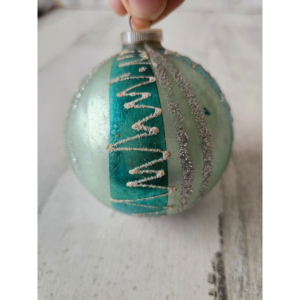 Antique West Germany green glitter silver ball mercury glass ornament flocked